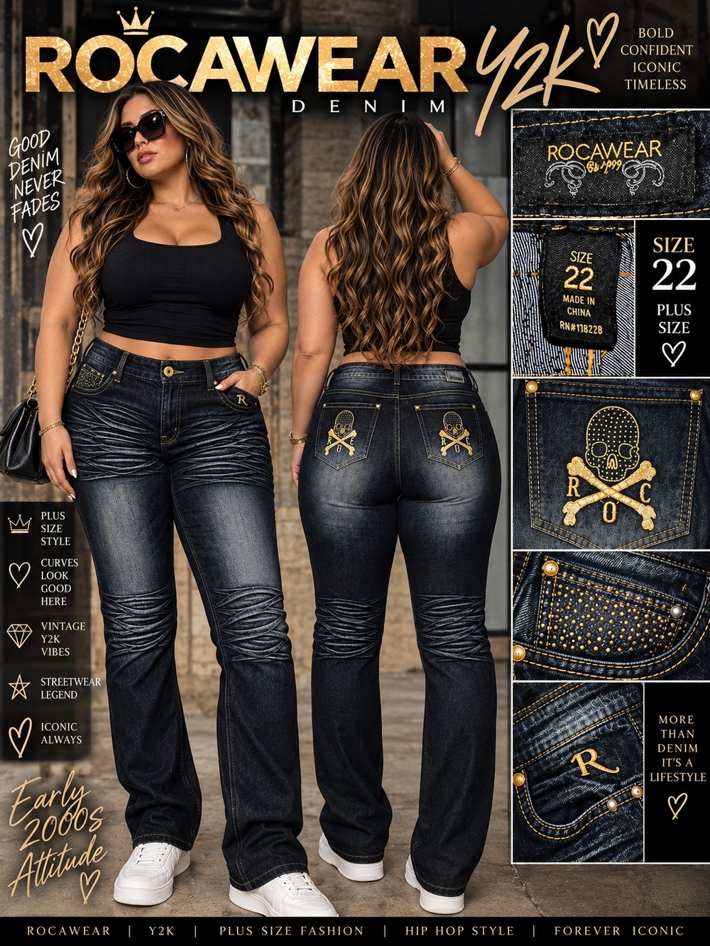 Vintage Y2K Rocawear Skull Rhinestone Dark Wash Jeans Plus Size 22